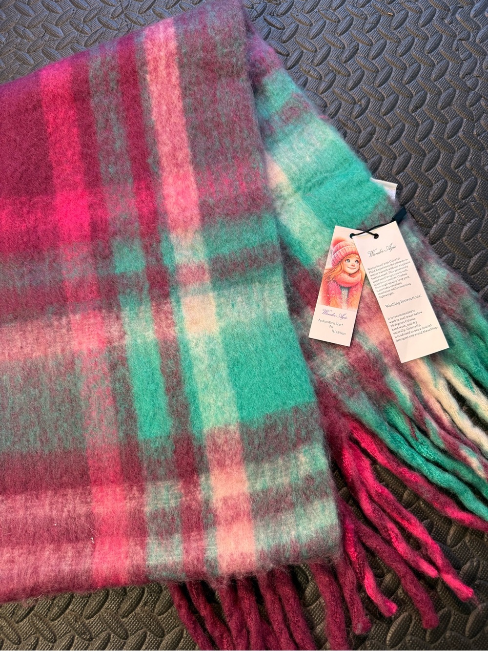 Wander Agio Plaid Blanket Scarf Pink Teal Burgundy Fringe NWT